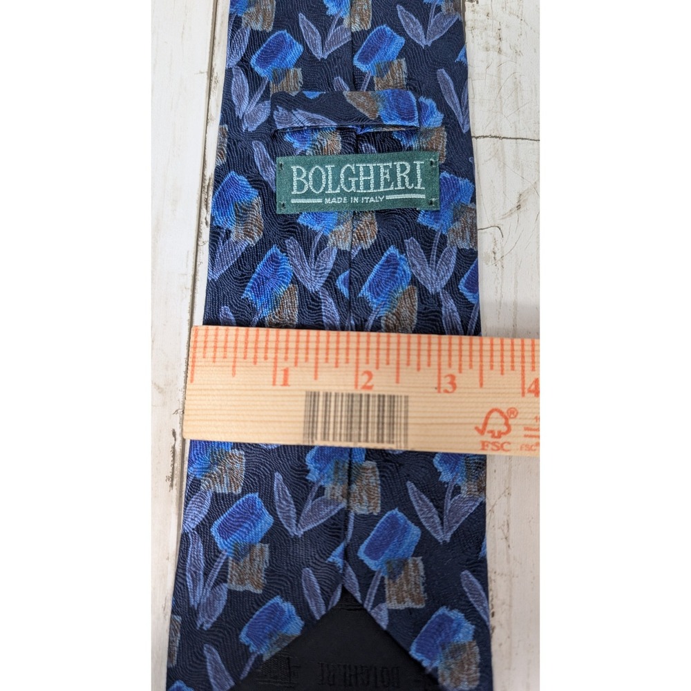 Bolgheri Italy 100% Silk Necktie Harold's Houston Floral Blue Beige Men's - Picture 4 of 4